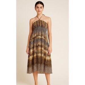 Lapis Midi Dress Women's M Brown Leopard Print Halter Neck Sleeveless Polyester